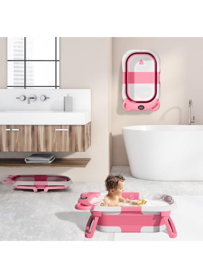 سانتين رايلي حوض استحمام أطفال قابل للطي ومحمول للسفر (وردي) مزود بـوسادة ناعمة ومقياس حرارة رقمي يعمل في الوقت الفعلي. مناسب للمواليد الجدد والأطفال الصغار من عمر 0 إلى 36 شهرًا. - Image 5